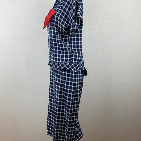 Vintage 60s Two-Piece Dress Straight Skirt Drop Waist Top Medium Blue Check Bow - Picture 4 of 11